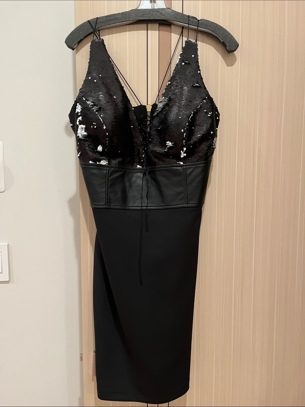 Black Sequin & Faux Leather Midi Dress